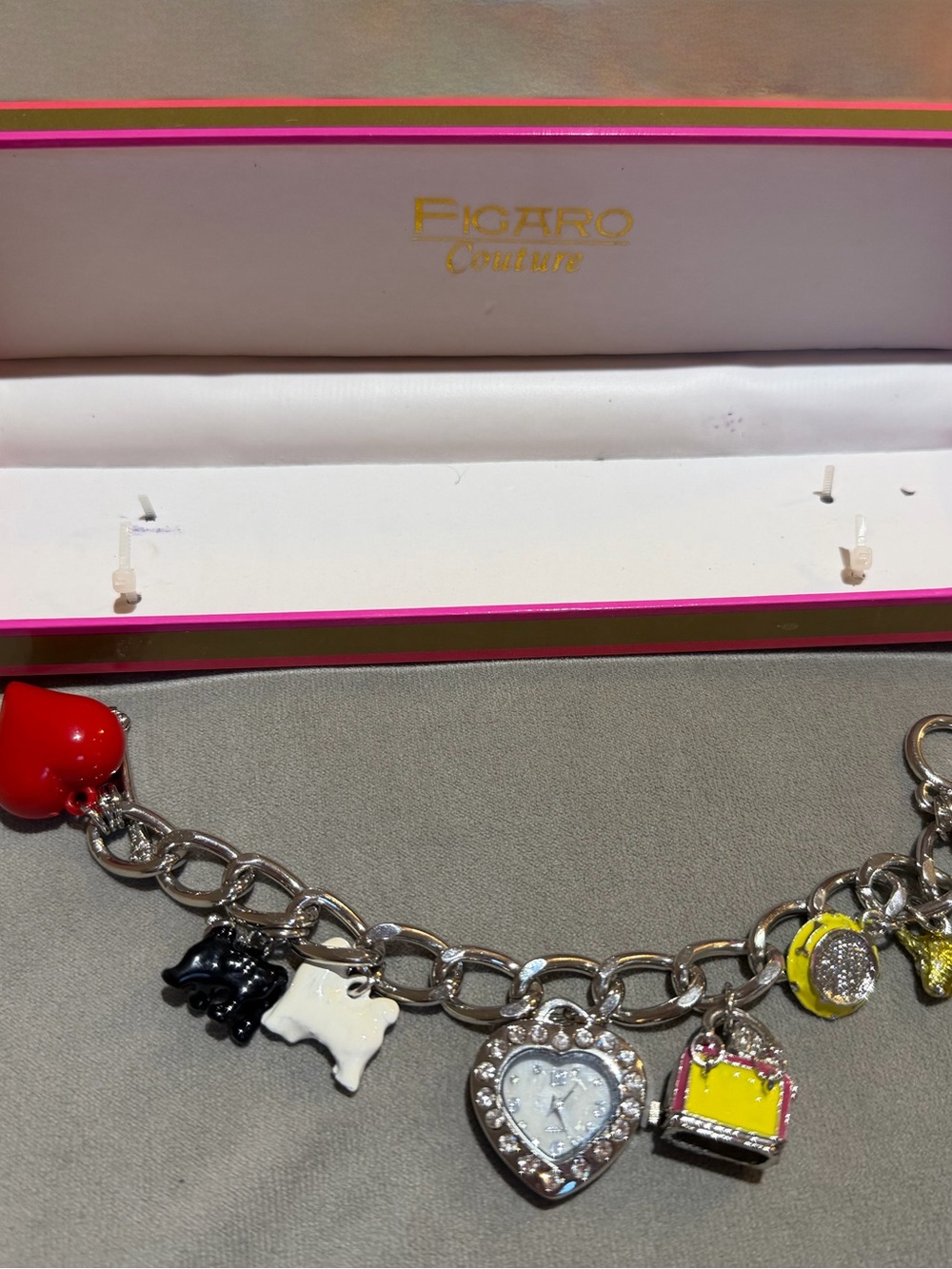 Figaro Couture Silver Charm Bracelet with Heart & Enamel Charms